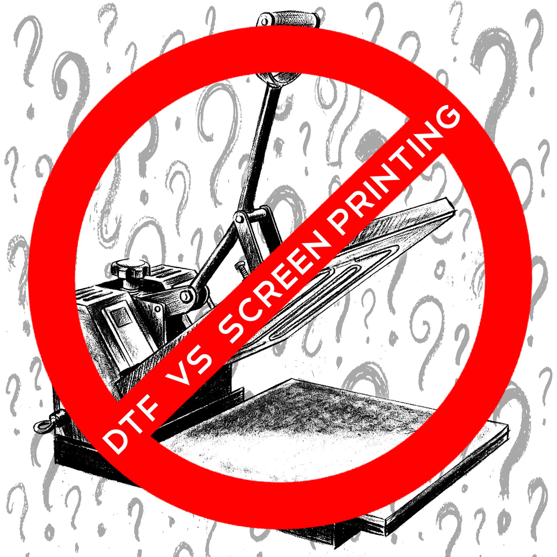 Heat press machine crossed out with a red prohibition symbol, representing the preference for traditional screen printing over DTF transfers.